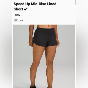 Lululemon Speed Up Midrise Short, 4” inseam, Black, Size 6